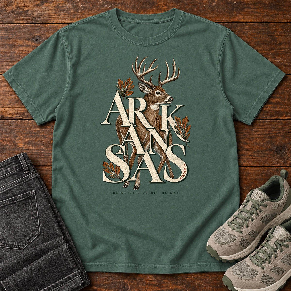 Arkansas the Quiet Side Deer T-Shirt in Blue Spruce