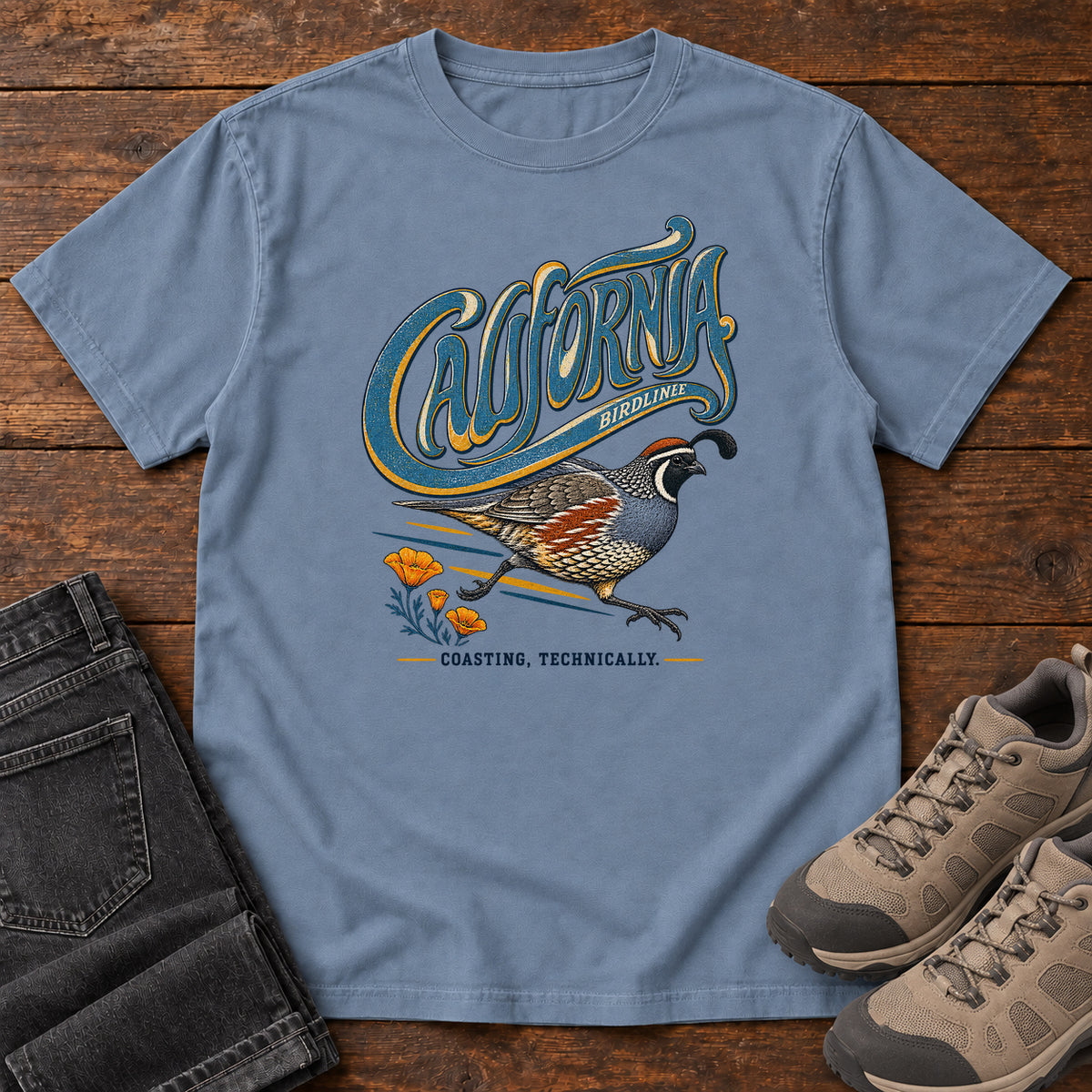 California Coasting Technically Quail T-Shirt in Blue Jean