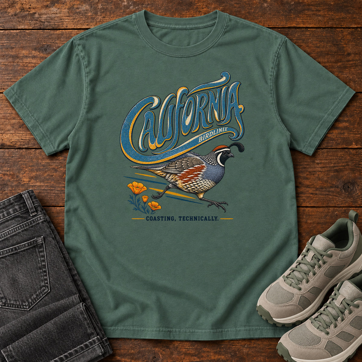 California Coasting Technically Quail T-Shirt in Blue Spruce