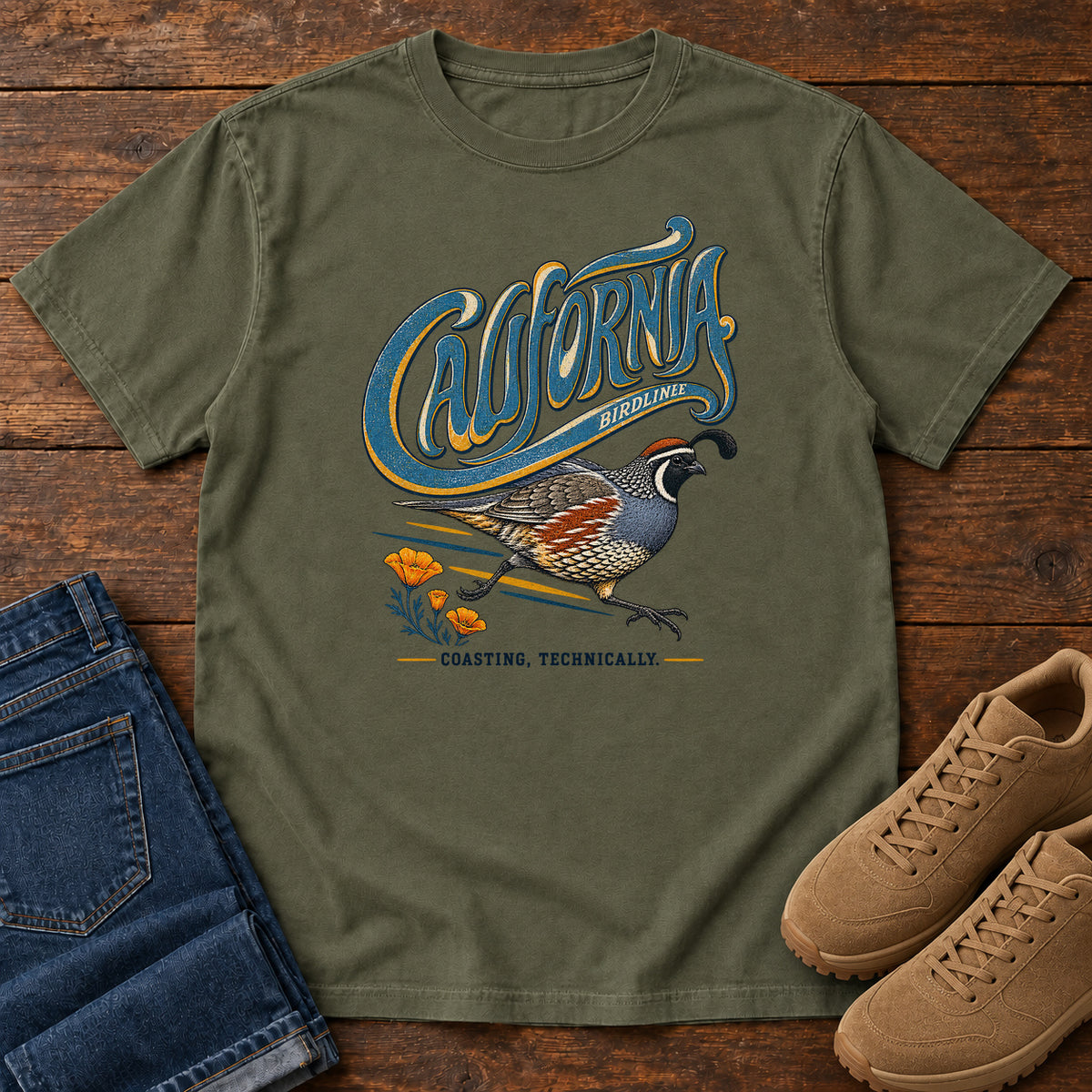 California Coasting Technically Quail T-Shirt in Sage