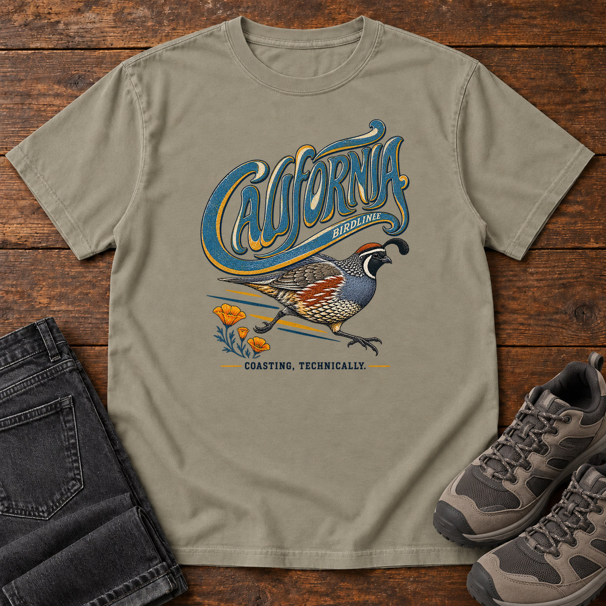 California Coasting Technically Quail T-Shirt in Sandstone