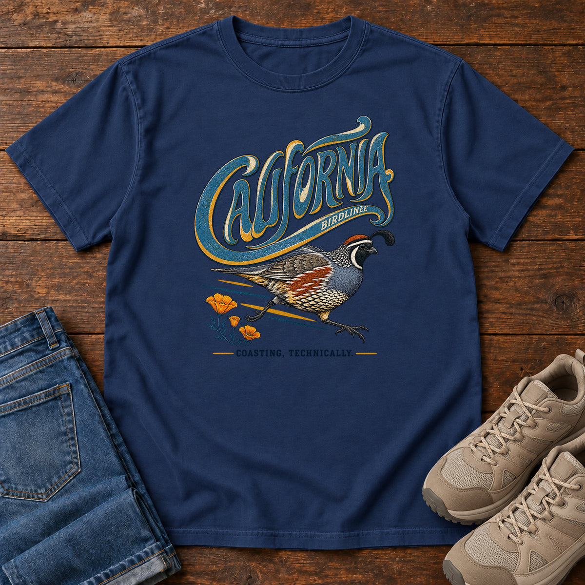 California Coasting Technically Quail T-Shirt in True Navy