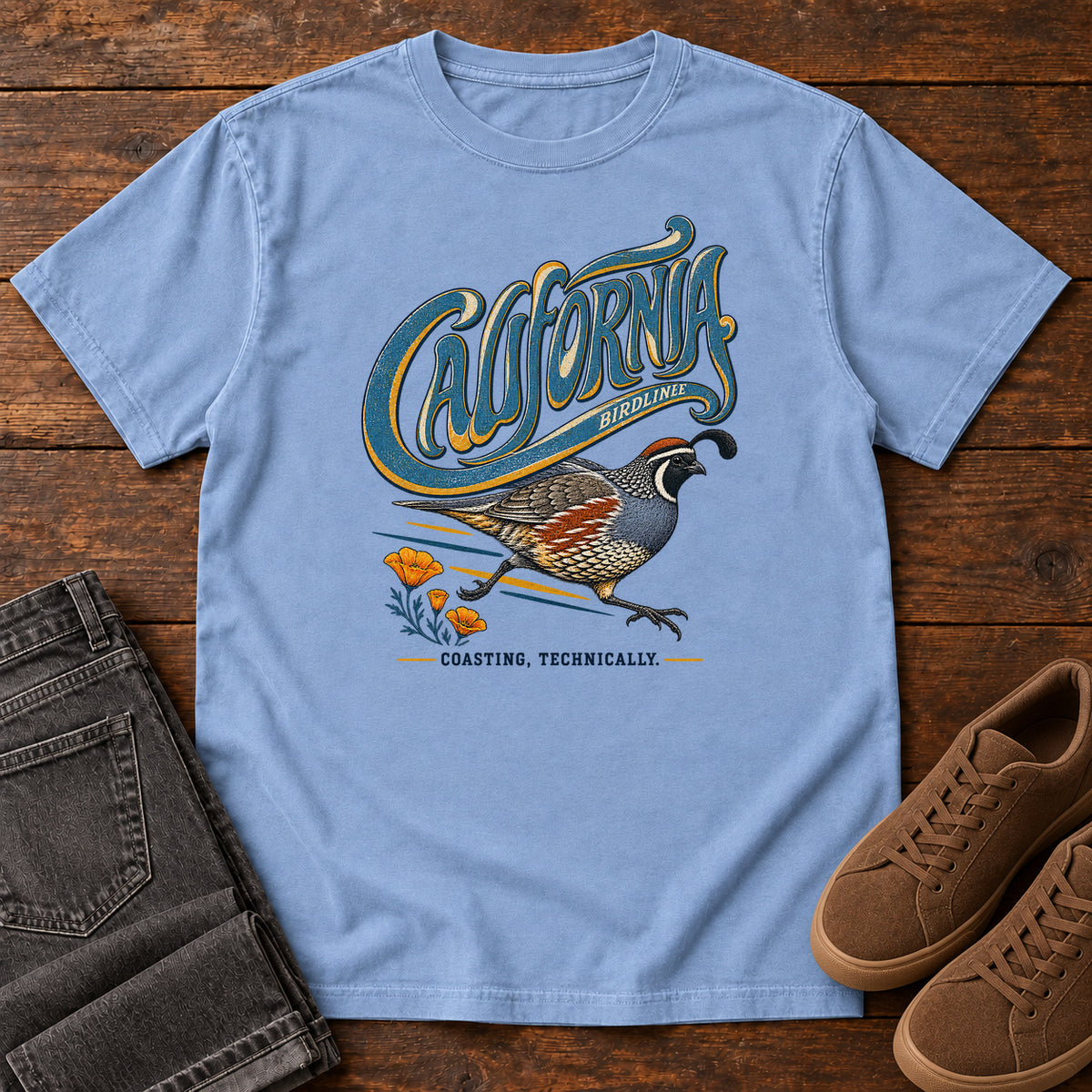 California Coasting Technically Quail T-Shirt in Washed Denim