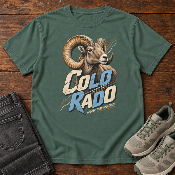 Colorado Higher Than Necessary Bighorn T-Shirt in Blue Spruce, front view