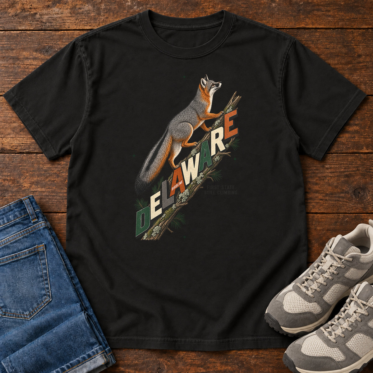Delaware First State Still Climbing Fox T-Shirt in Black