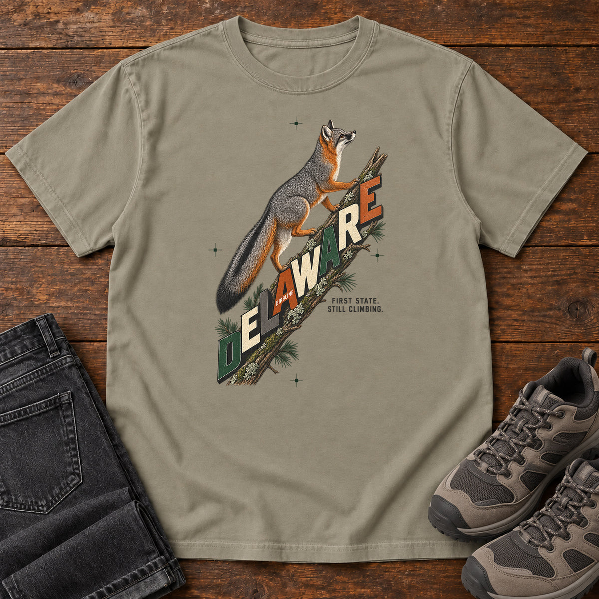 Delaware First State Still Climbing Fox T-Shirt in Sandstone