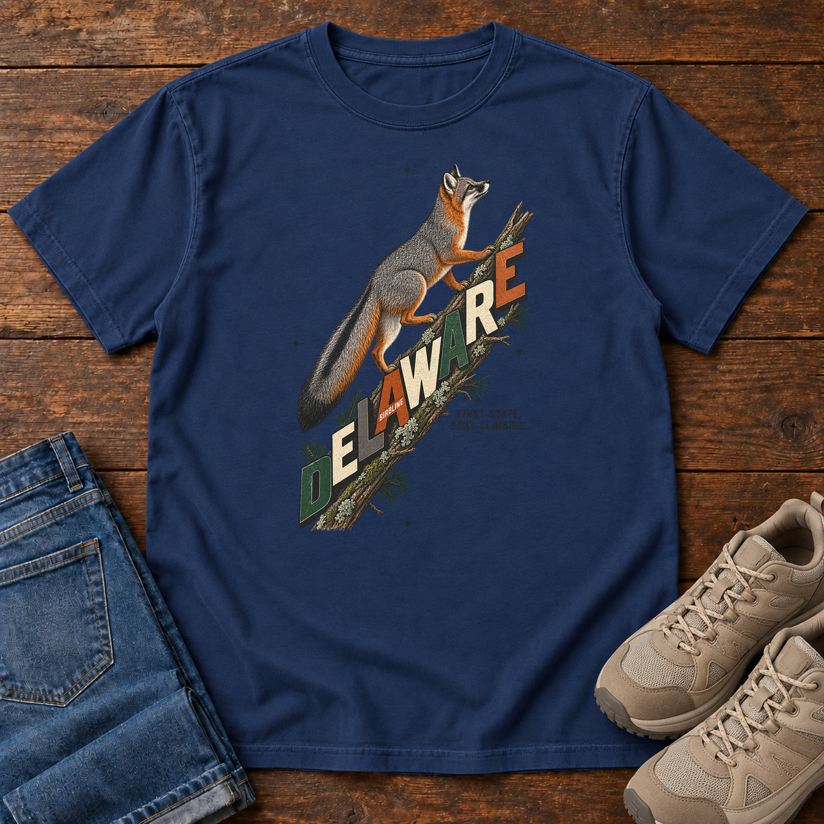 Delaware First State Still Climbing Fox T-Shirt in True Navy