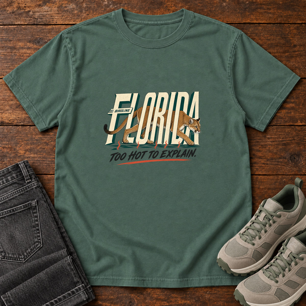 Florida Too Hot to Explain Panther T-Shirt in Blue Spruce