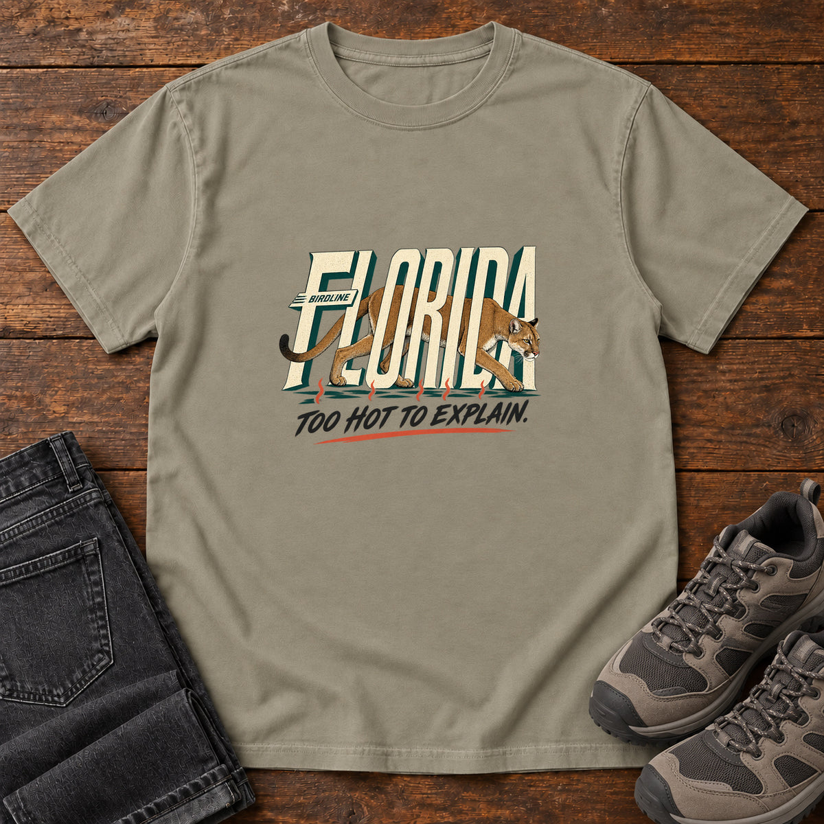 Florida Too Hot to Explain Panther T-Shirt in Sandstone