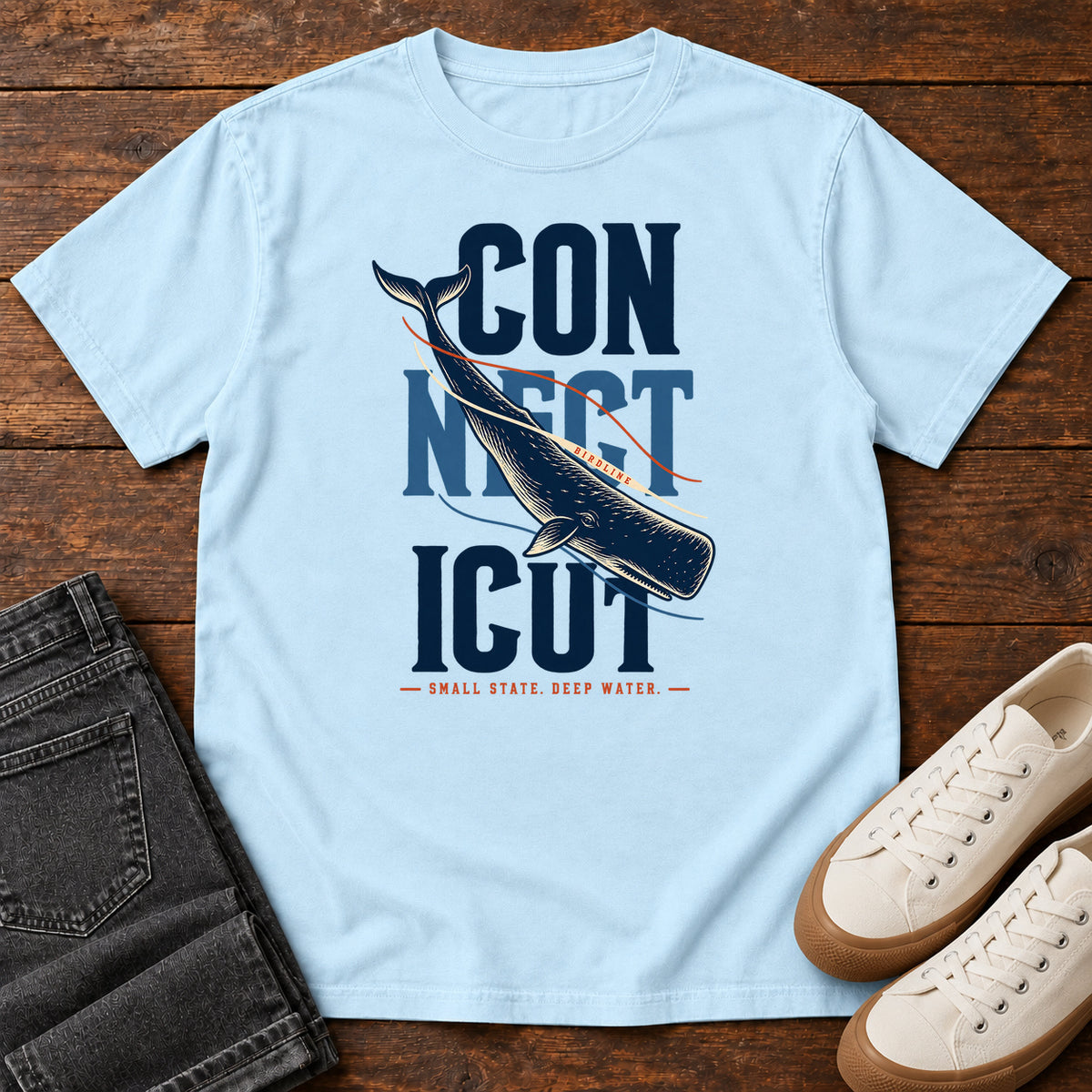 Connecticut Small State Deep Water Whale T-Shirt in Chambray