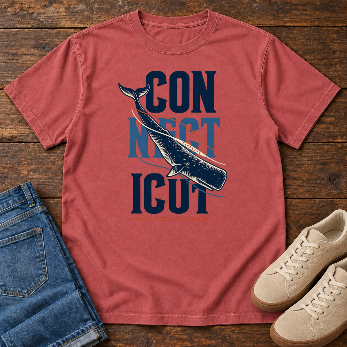 Connecticut Small State Deep Water Whale T-Shirt in Crimson