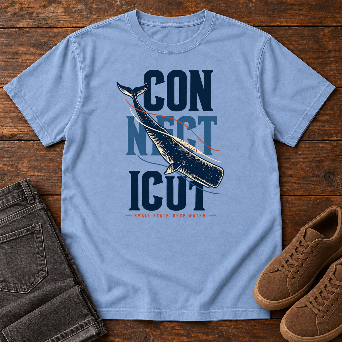 Connecticut Small State Deep Water Whale T-Shirt in Washed Denim