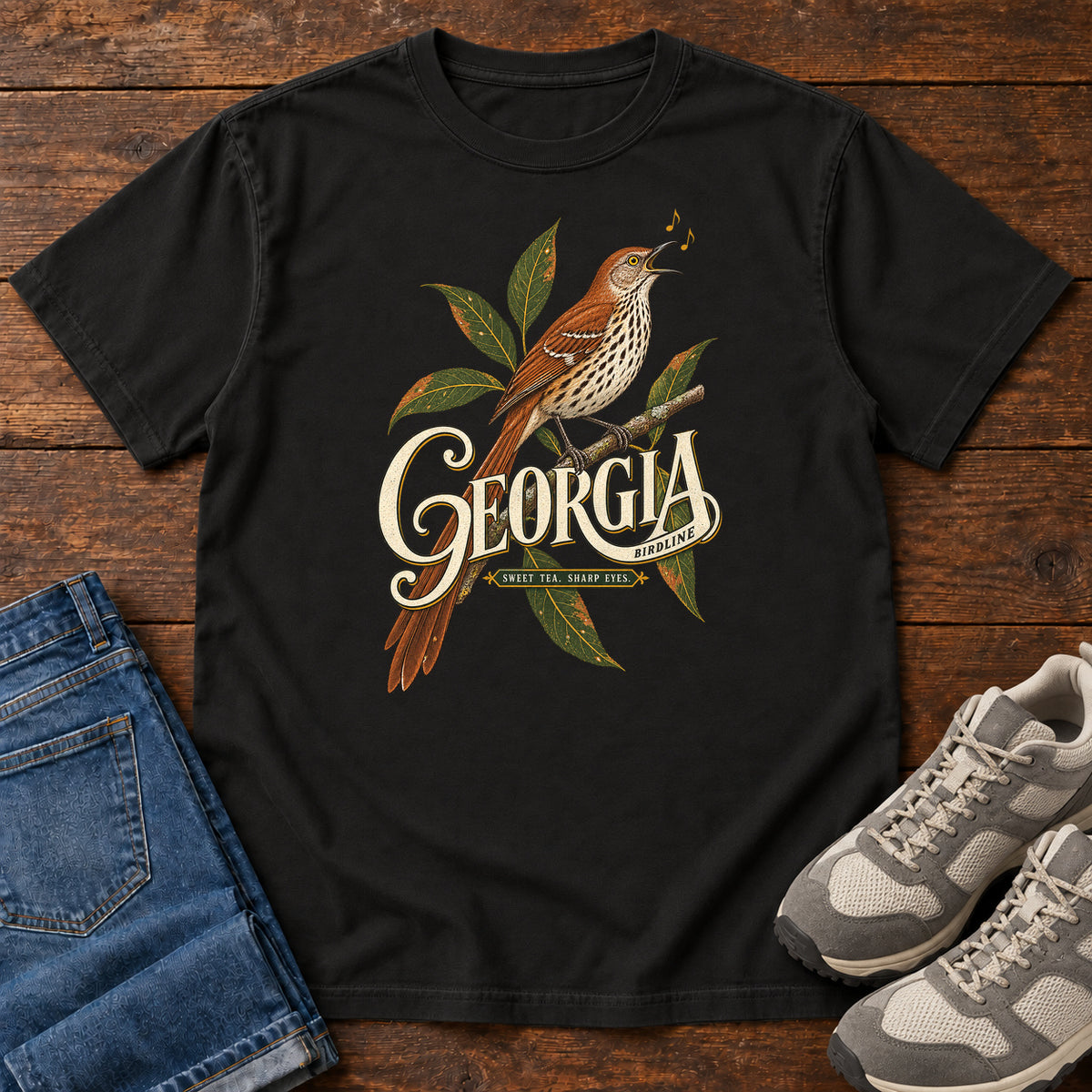 Black Georgia Sharp Eyes T-Shirt with a brown, speckle-breasted bird on a leafy branch above Georgia lettering, front flat lay on wood.