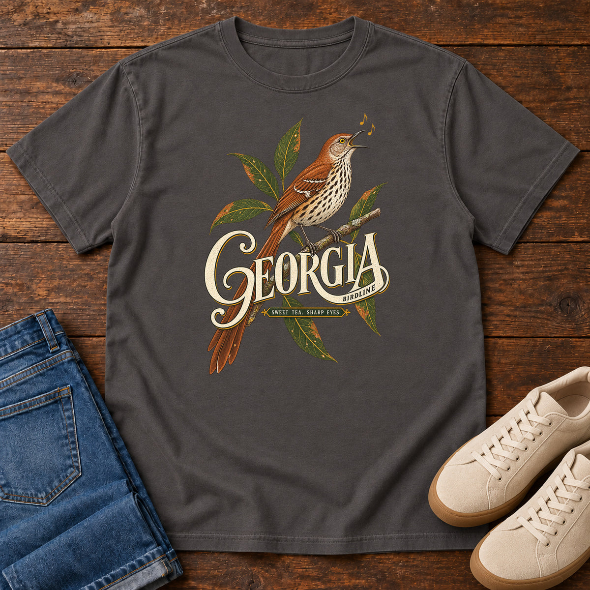Graphite Georgia Sharp Eyes T-Shirt with a brown, speckle-breasted bird on a leafy branch above Georgia lettering, front flat lay on wood.