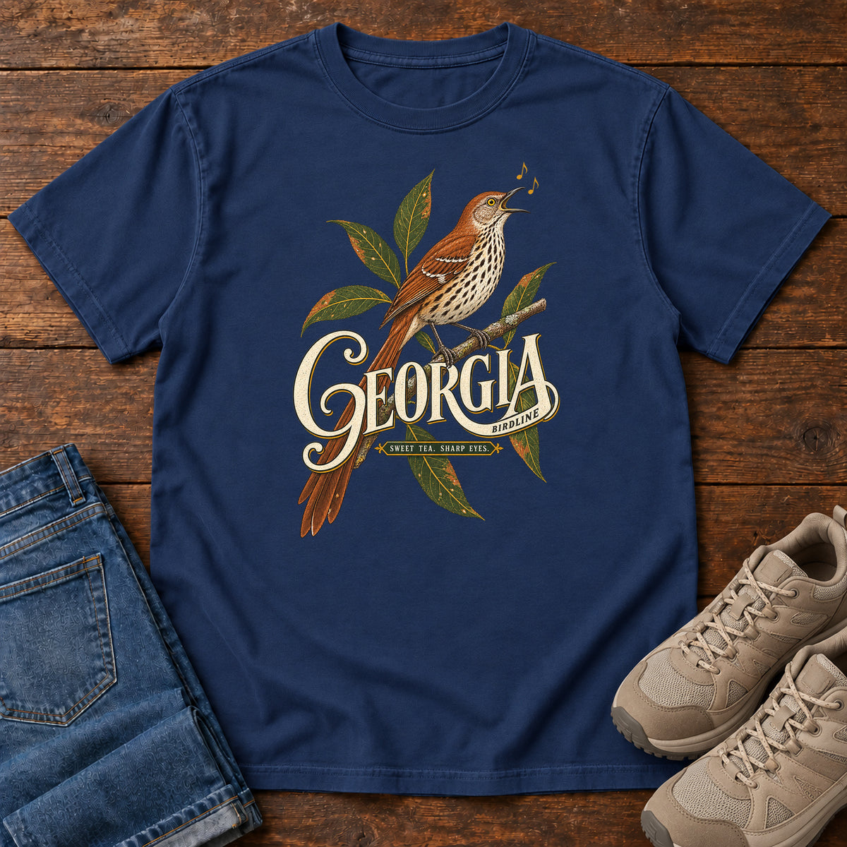 True Navy Georgia Sharp Eyes T-Shirt with a brown, speckle-breasted bird on a leafy branch above Georgia lettering, front flat lay on wood.