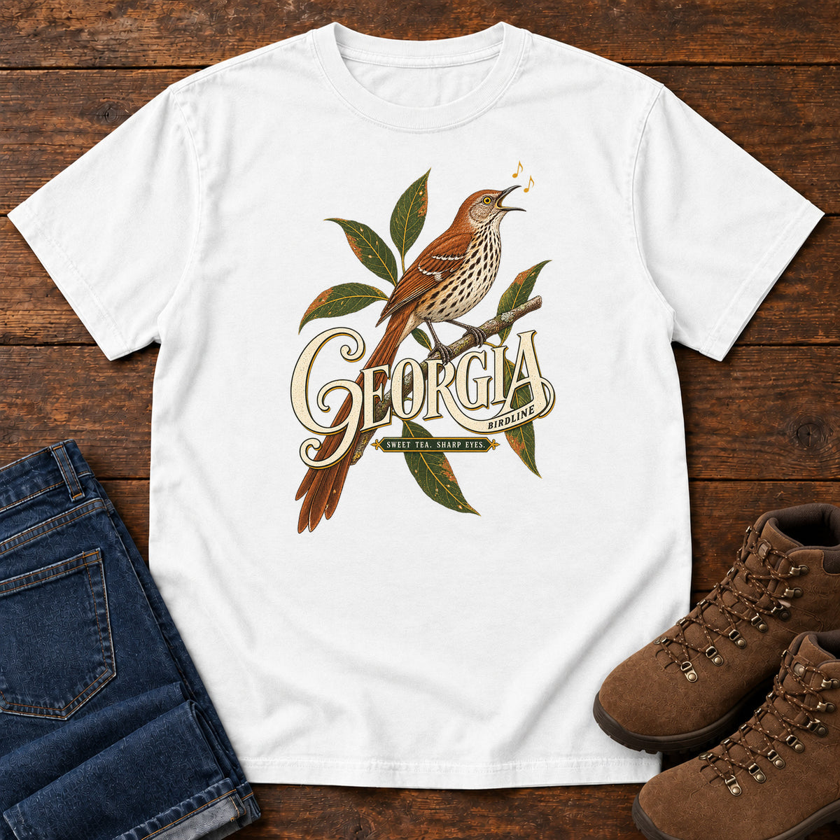 White Georgia Sharp Eyes T-Shirt with a brown, speckle-breasted bird on a leafy branch above Georgia lettering, front flat lay on wood.