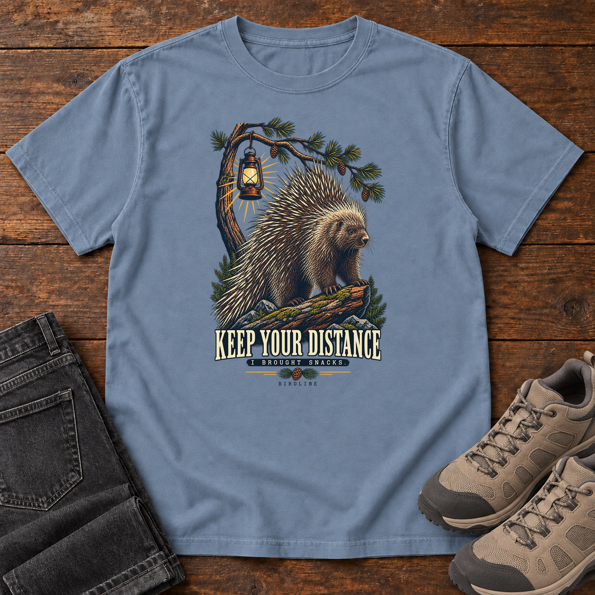 Keep Your Distance I Brought Snacks Porcupine T-Shirt in Blue Jean
