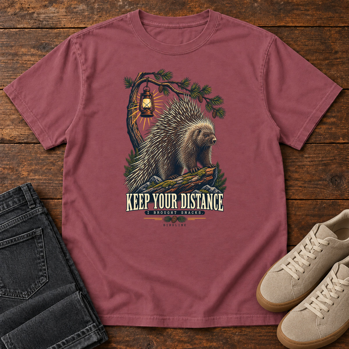 Keep Your Distance I Brought Snacks Porcupine T-Shirt in Brick