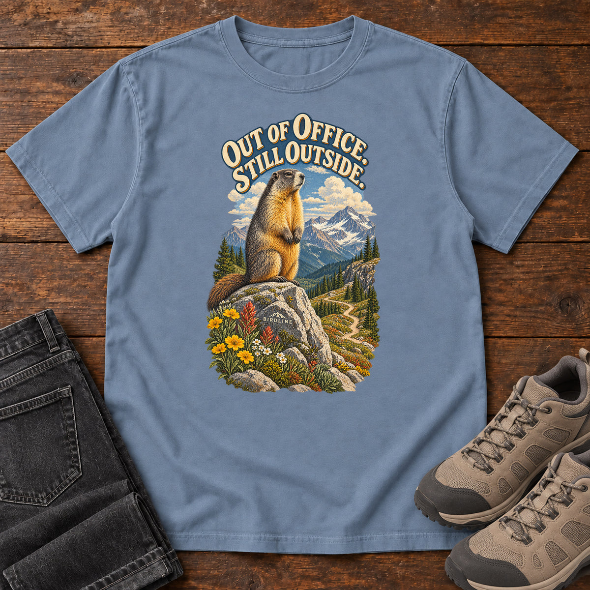 Out of Office Still Outside Marmot T-Shirt in Blue Jean