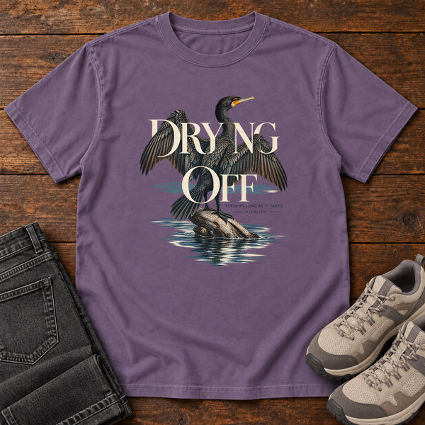 Drying Off Cormorant T-Shirt in Grape, front view