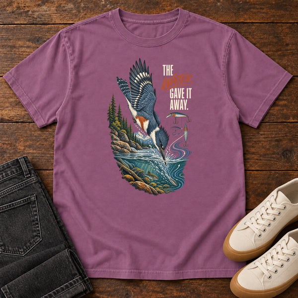 The Water Gave It Away Kingfisher T-Shirt in Berry, front view