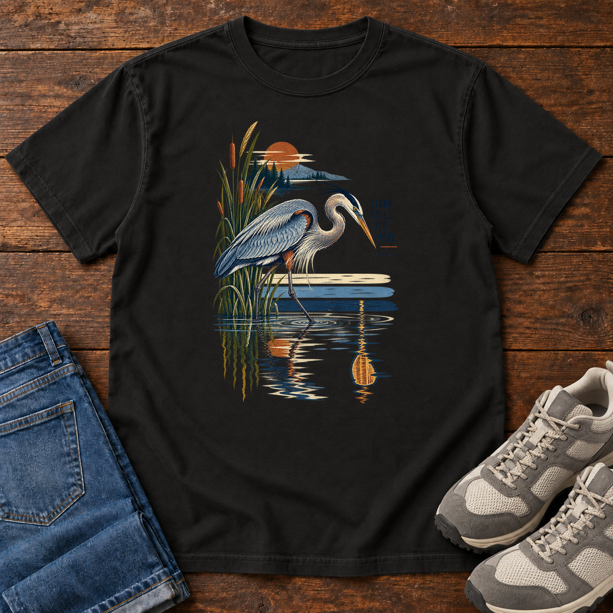 Heron Reflection T-Shirt in Black