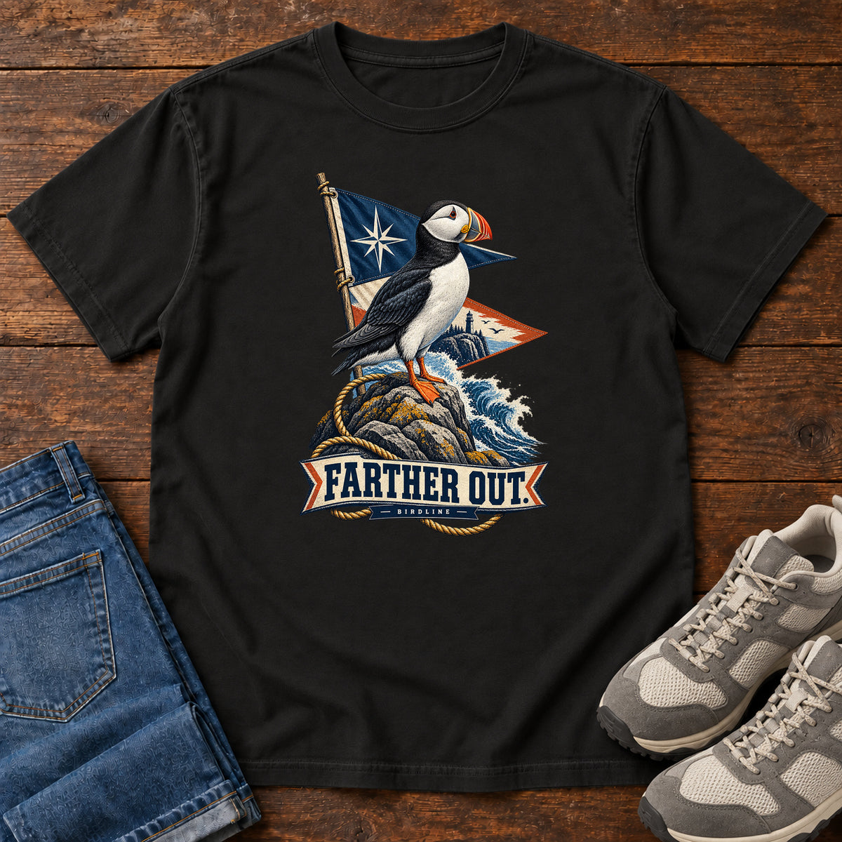 Farther Out Puffin T-Shirt in Black