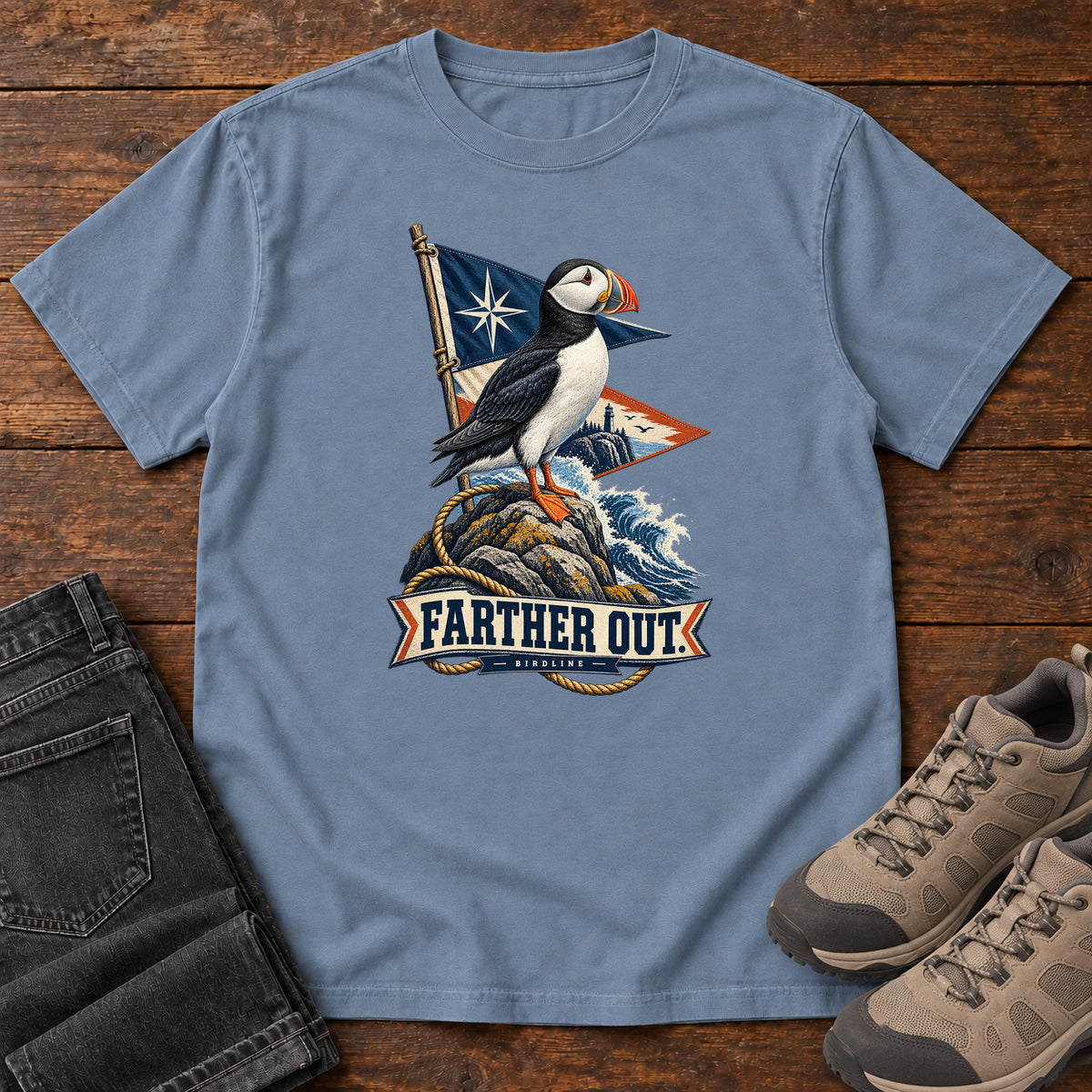 Farther Out Puffin T-Shirt in Blue Jean