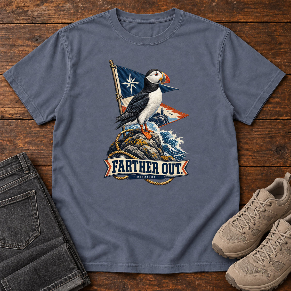 Farther Out Puffin T-Shirt in Denim