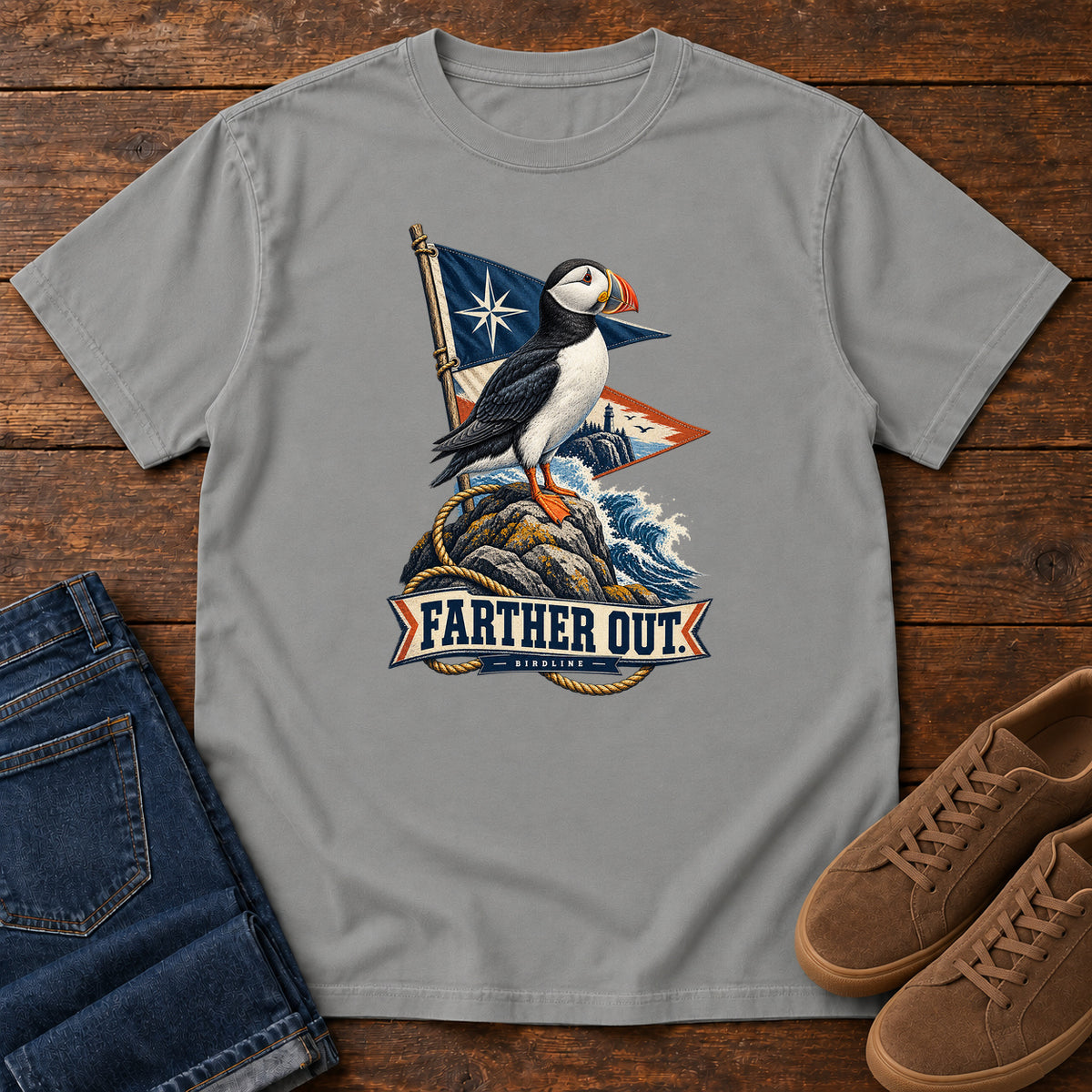 Farther Out Puffin T-Shirt in Grey