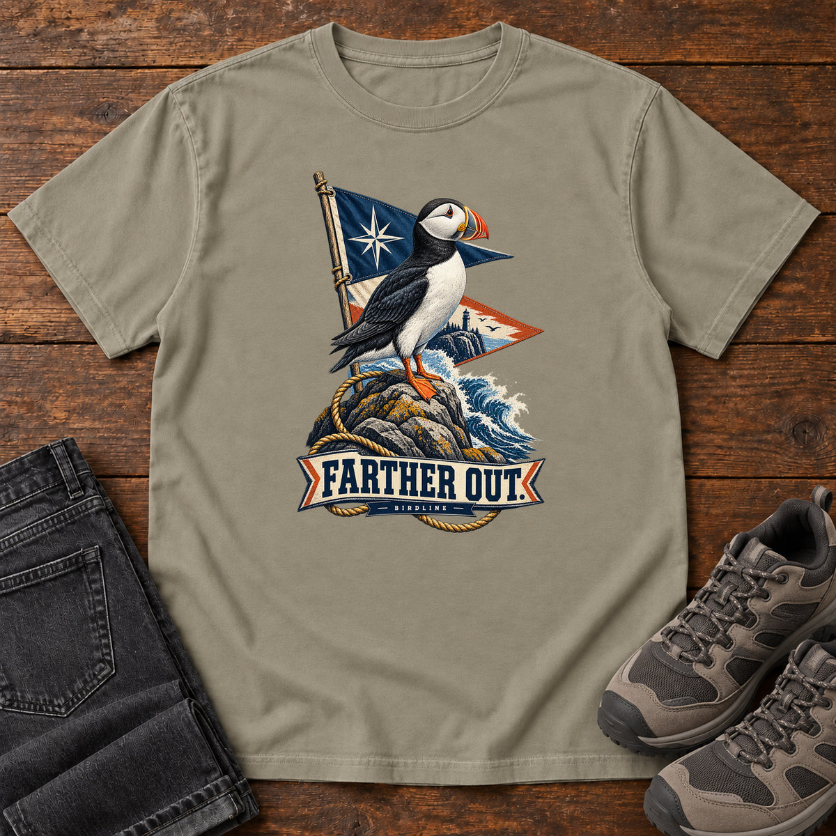 Farther Out Puffin T-Shirt in Sandstone