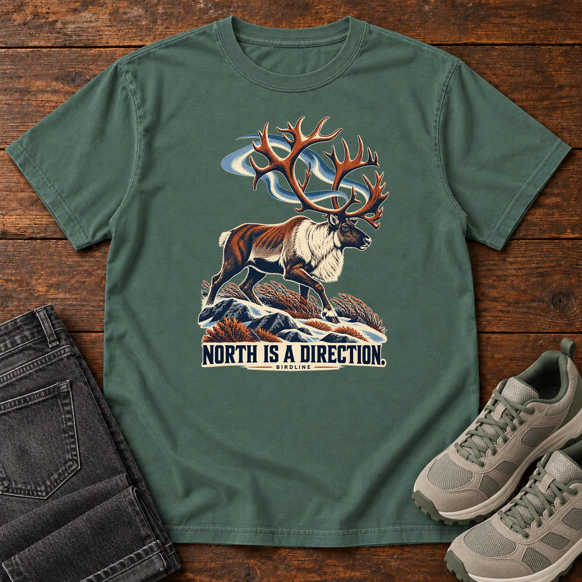 North Is a Direction Caribou T-Shirt in Blue Spruce