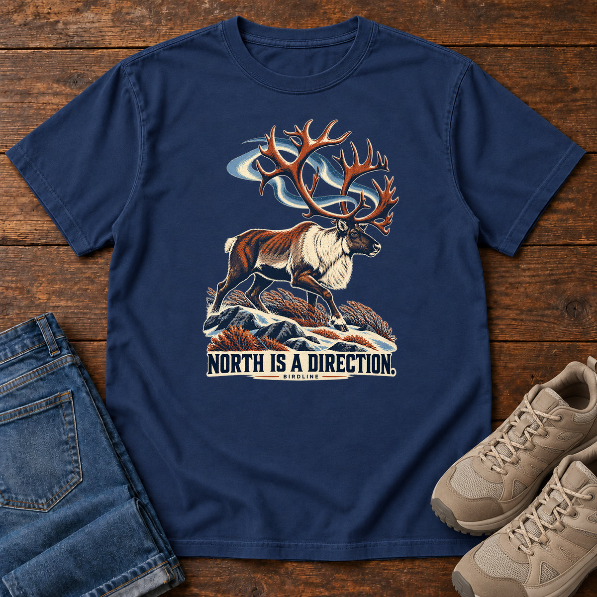 North Is a Direction Caribou T-Shirt in True Navy