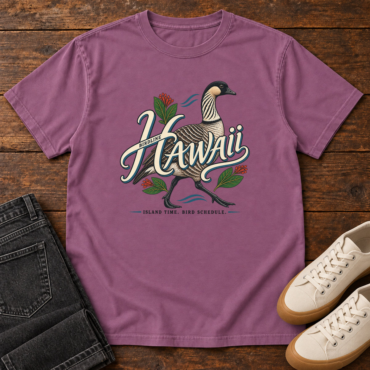 Hawaii Island Time Bird Schedule Nene T-Shirt in Berry