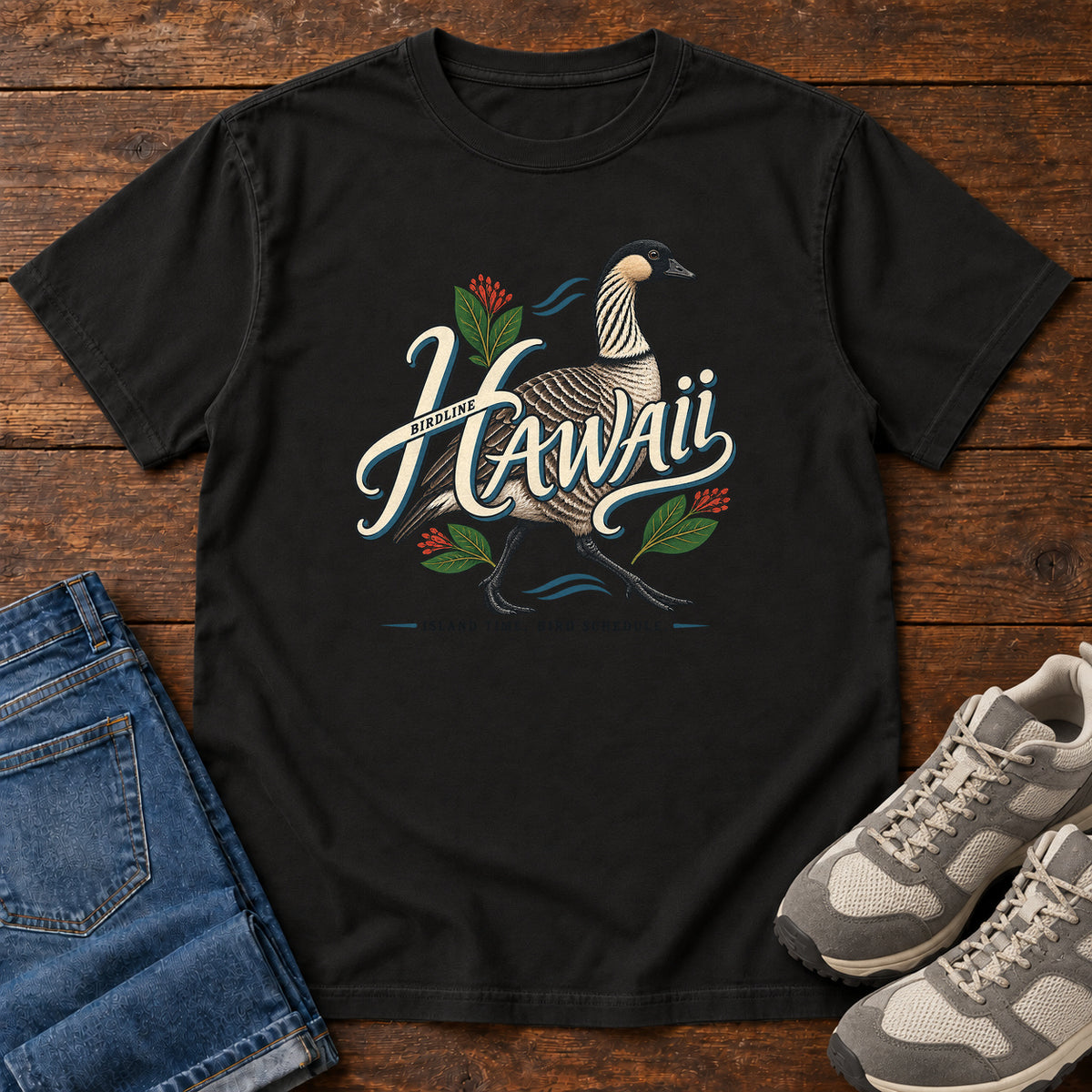 Hawaii Island Time Bird Schedule Nene T-Shirt in Black