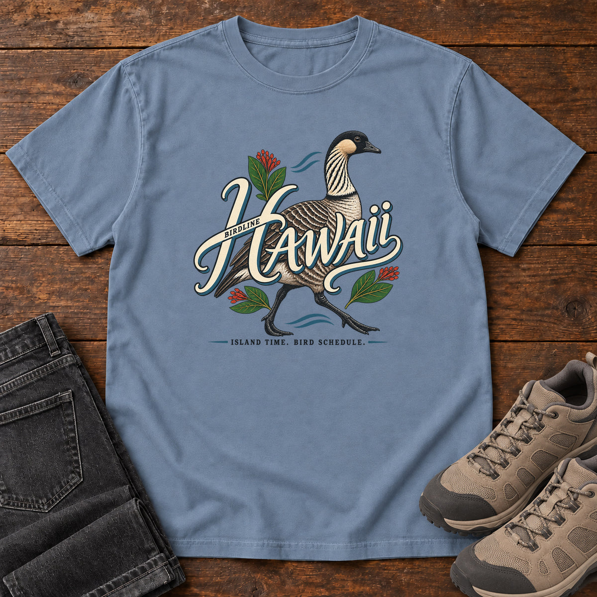Hawaii Island Time Bird Schedule Nene T-Shirt in Blue Jean