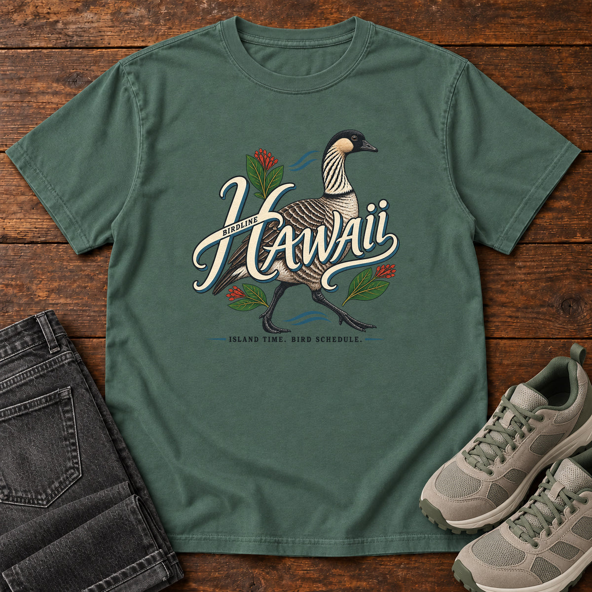 Hawaii Island Time Bird Schedule Nene T-Shirt in Blue Spruce