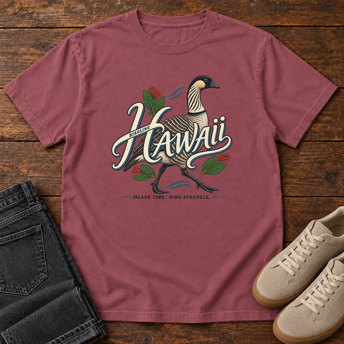 Hawaii Island Time Bird Schedule Nene T-Shirt in Brick