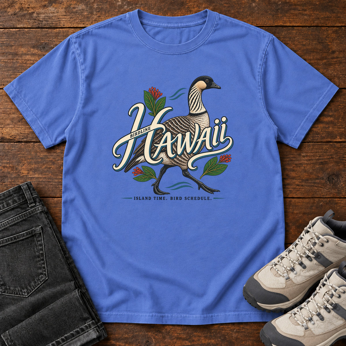 Hawaii Island Time Bird Schedule Nene T-Shirt in Mystic Blue