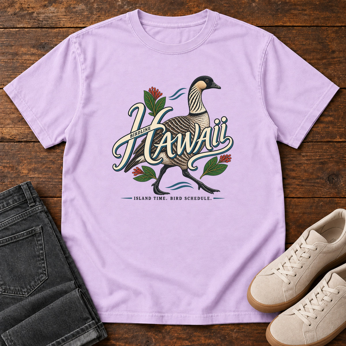Hawaii Island Time Bird Schedule Nene T-Shirt in Orchid