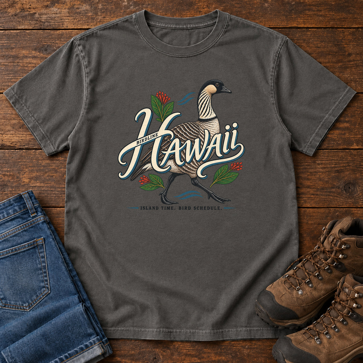Hawaii Island Time Bird Schedule Nene T-Shirt in Pepper