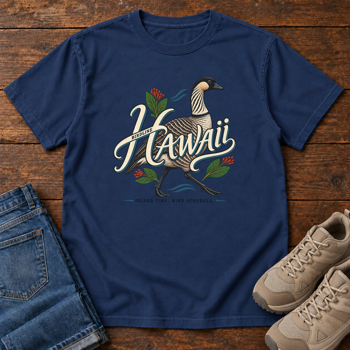 Hawaii Island Time Bird Schedule Nene T-Shirt in True Navy