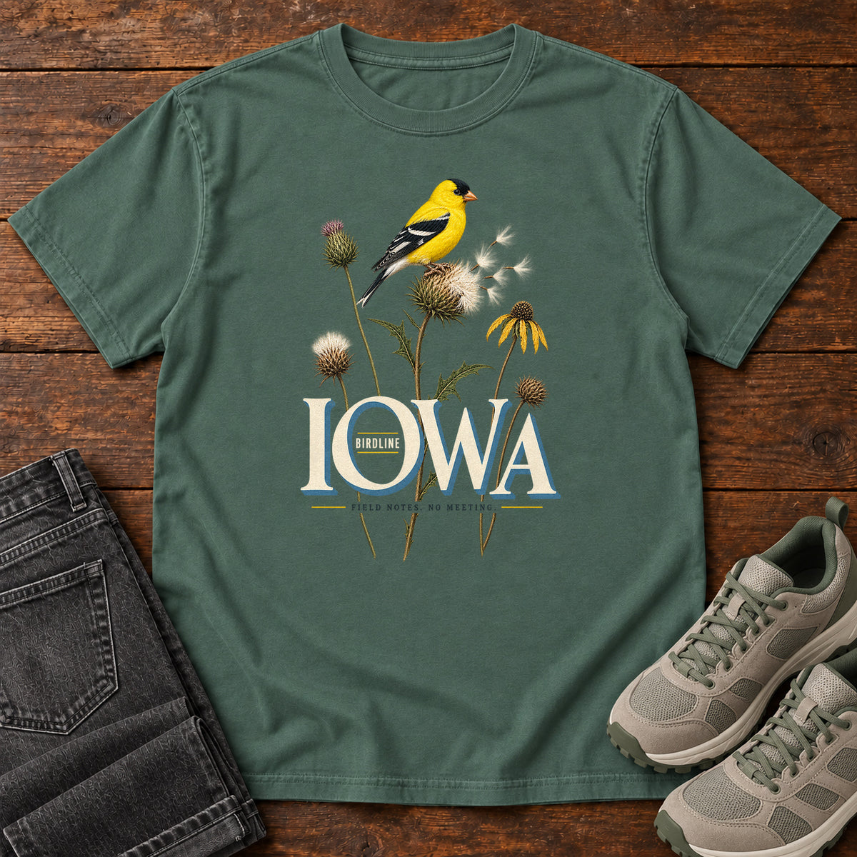 Iowa Field Notes No Meetings T-Shirt in Blue Spruce