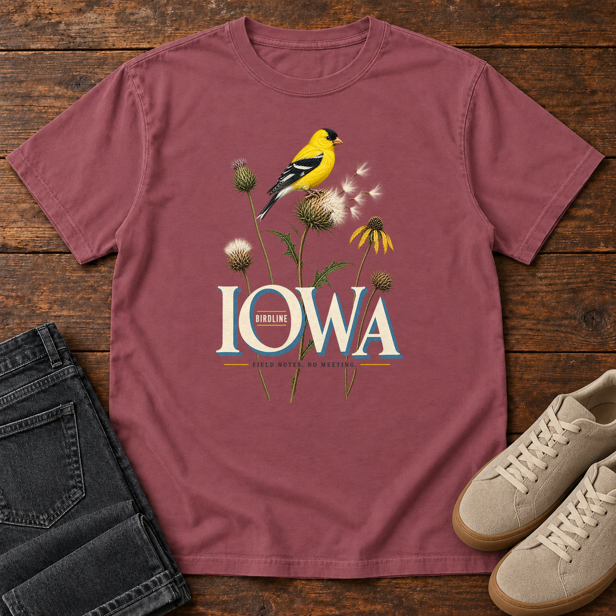 Iowa Field Notes No Meetings T-Shirt in Brick