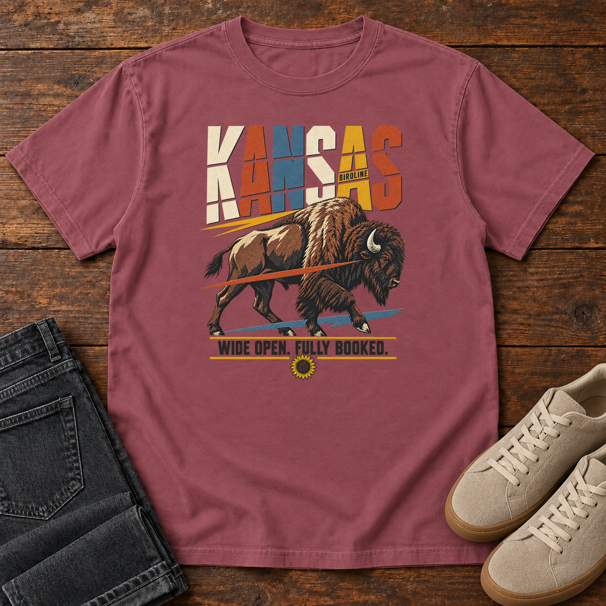 Kansas Wide Open Fully Booked Bison T-Shirt in Brick