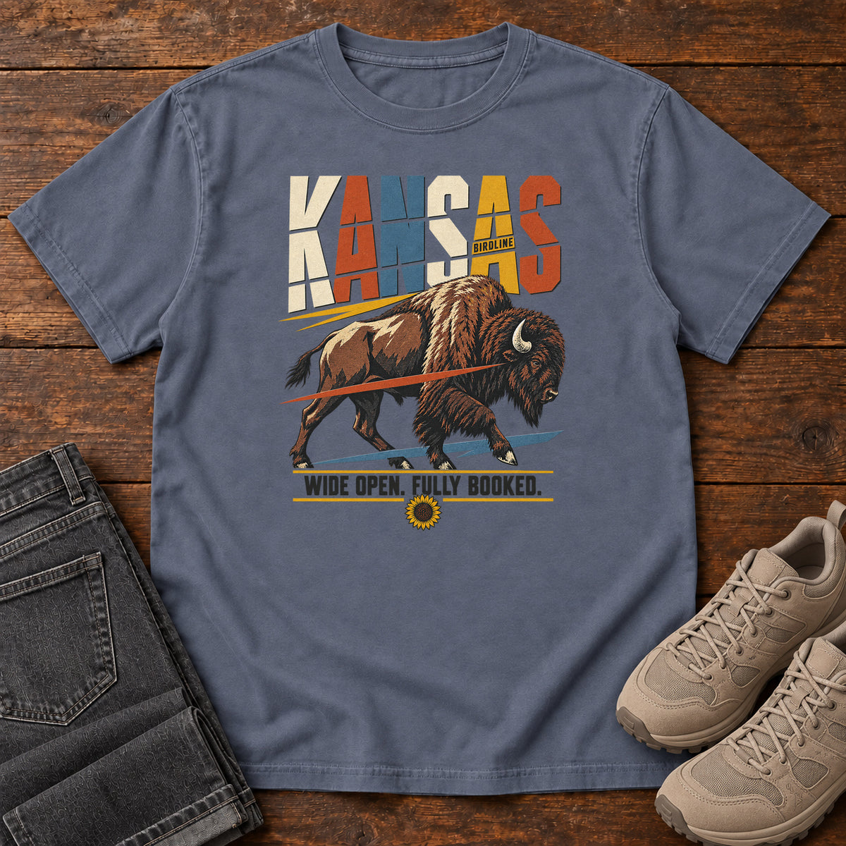 Kansas Wide Open Fully Booked Bison T-Shirt in Denim