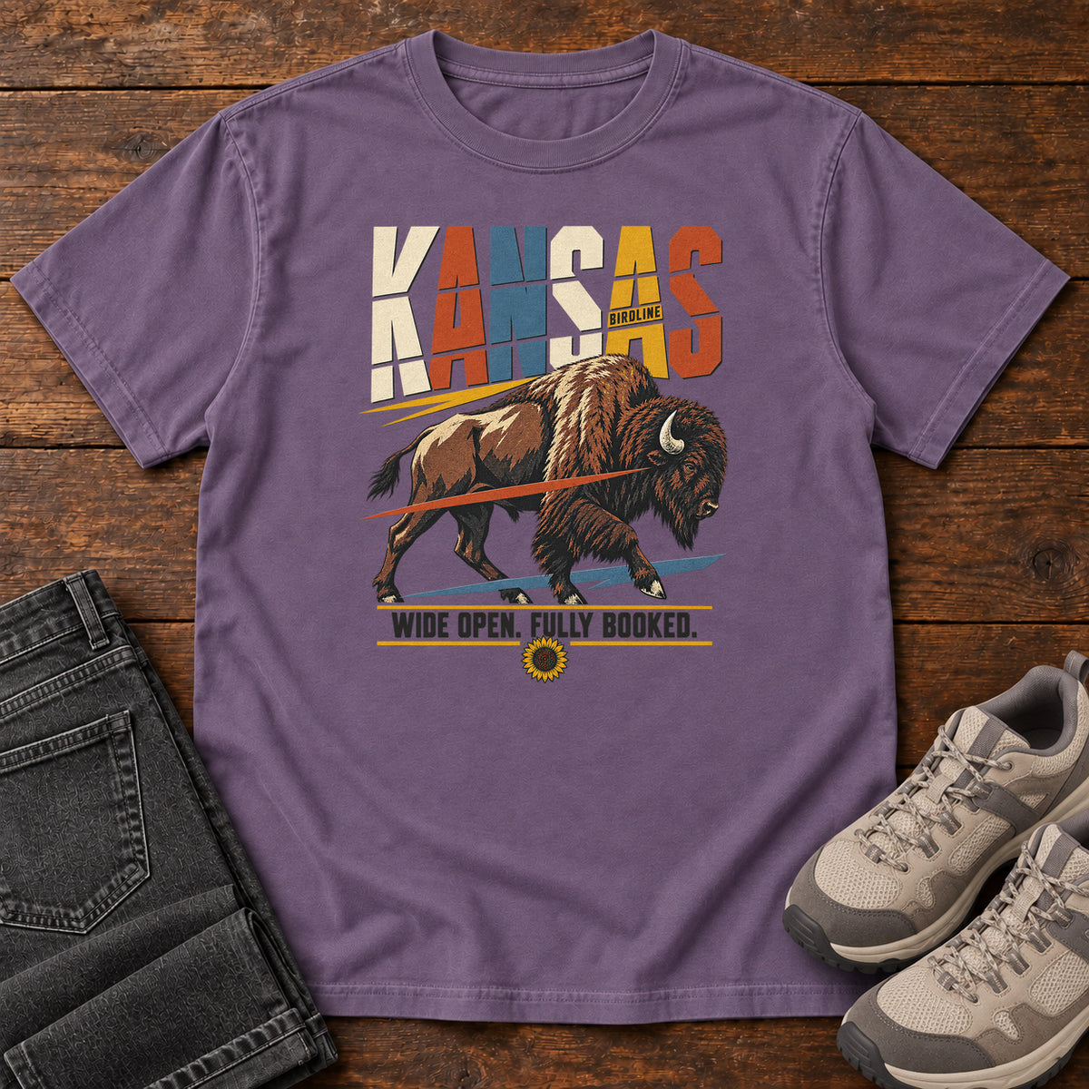 Kansas Wide Open Fully Booked Bison T-Shirt in Grape
