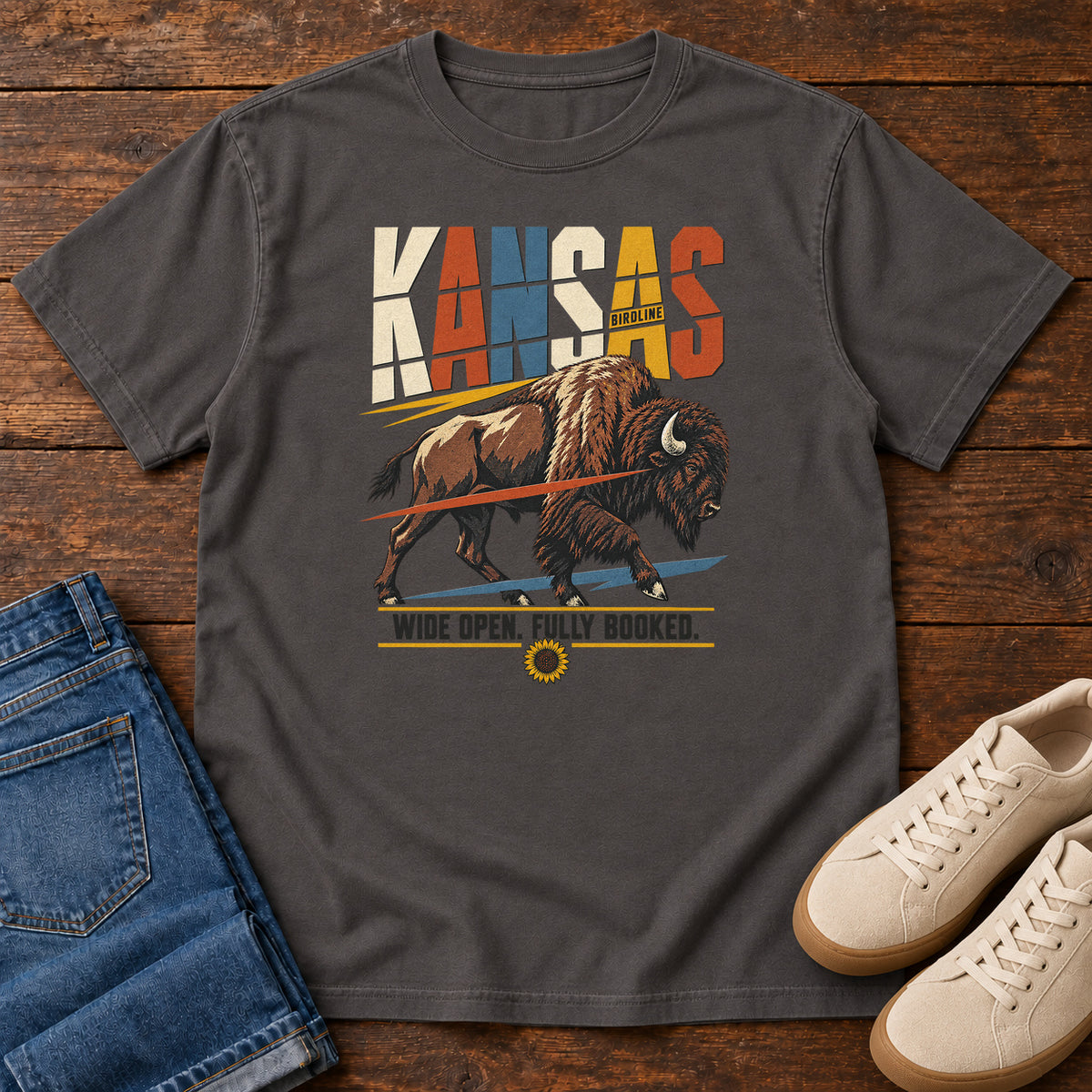Kansas Wide Open Fully Booked Bison T-Shirt in Graphite
