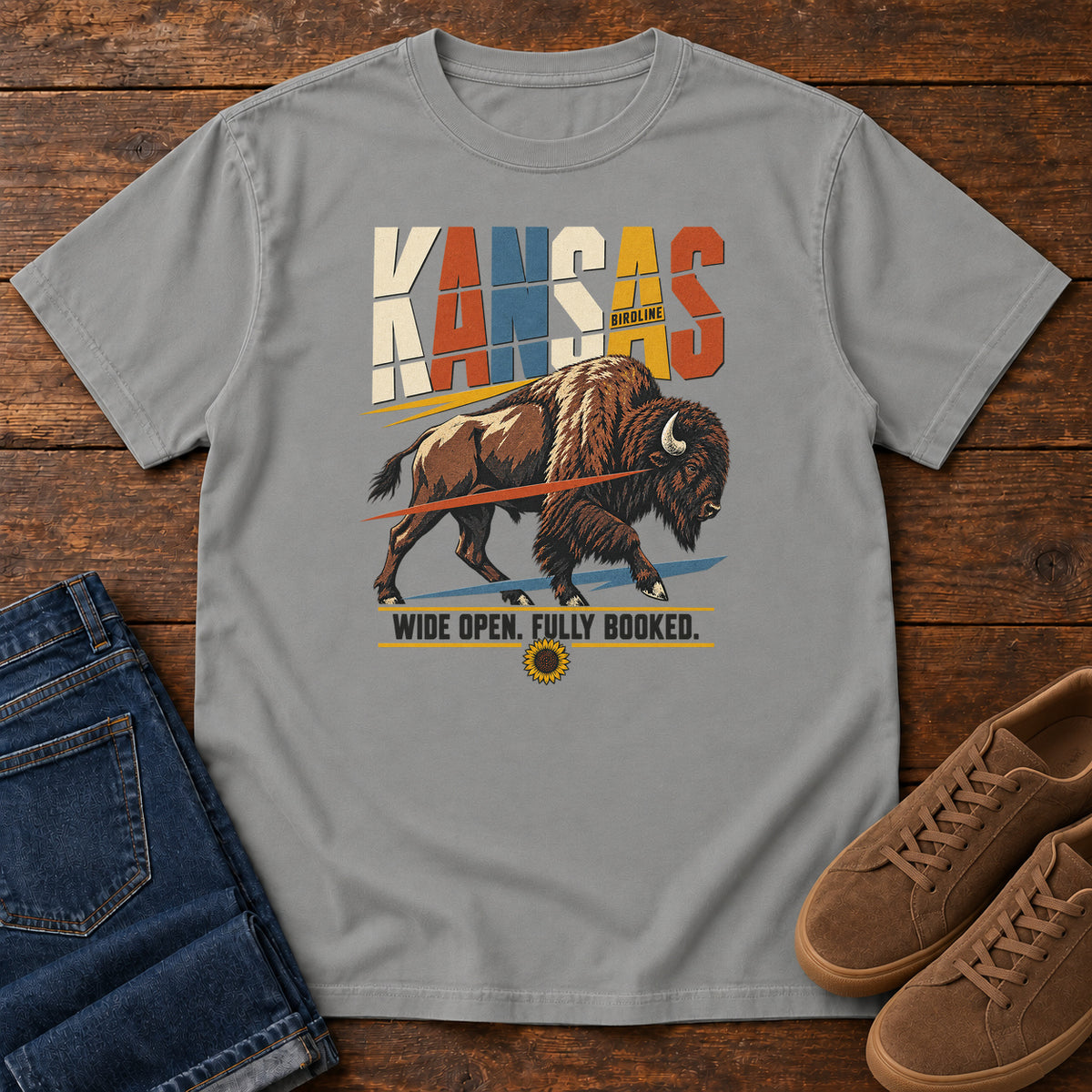 Kansas Wide Open Fully Booked Bison T-Shirt in Grey