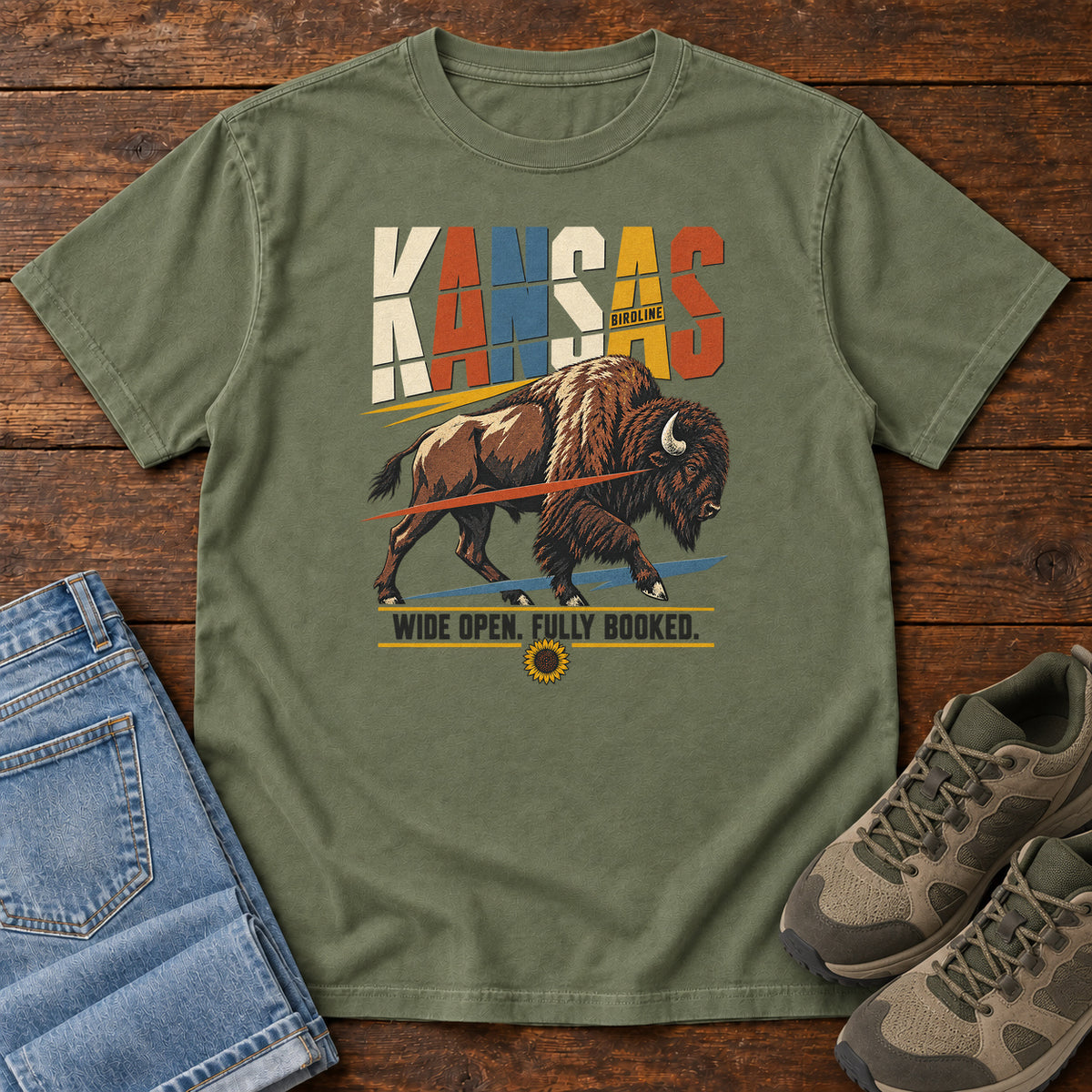 Kansas Wide Open Fully Booked Bison T-Shirt in Moss